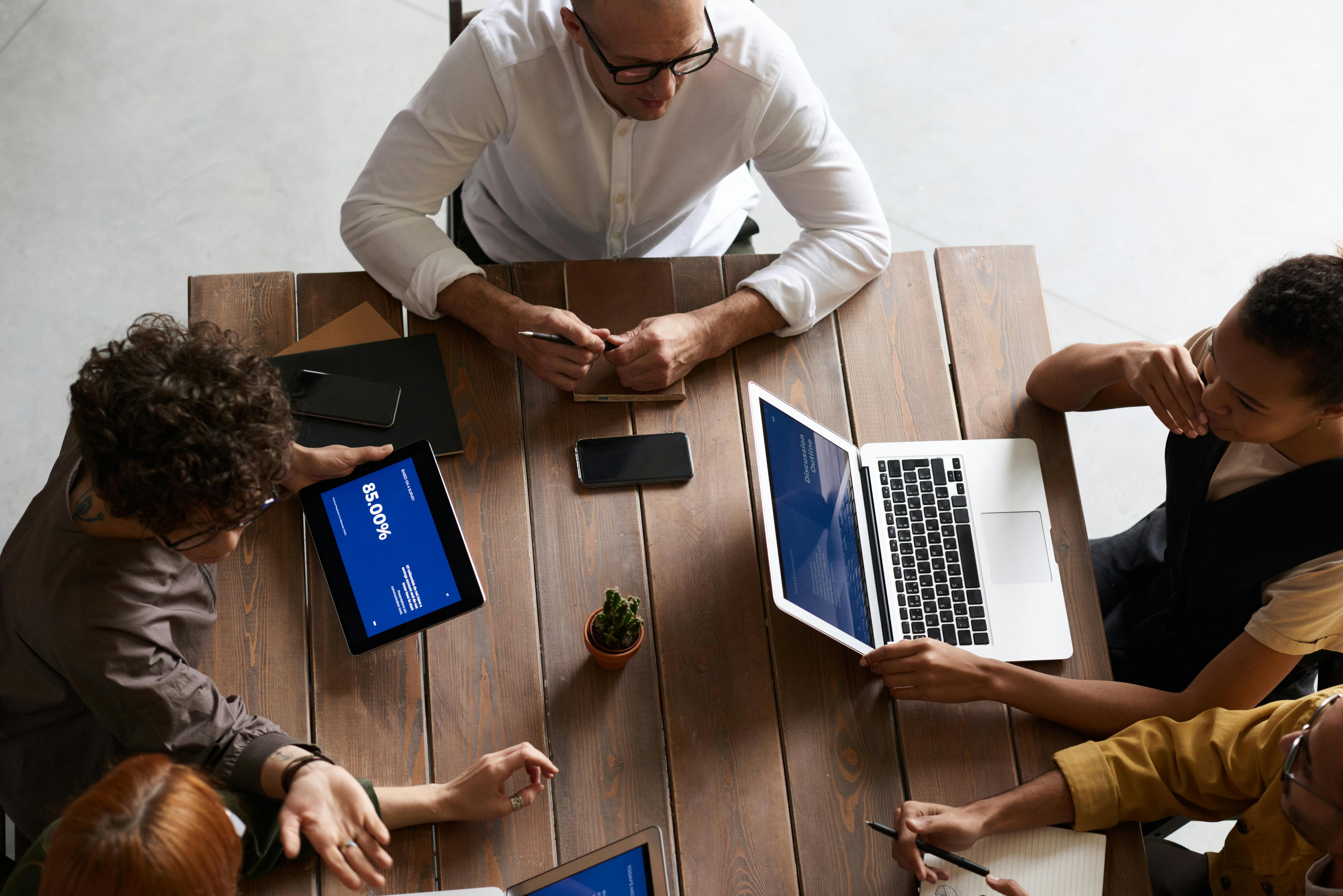 Team collaboration meeting with devices